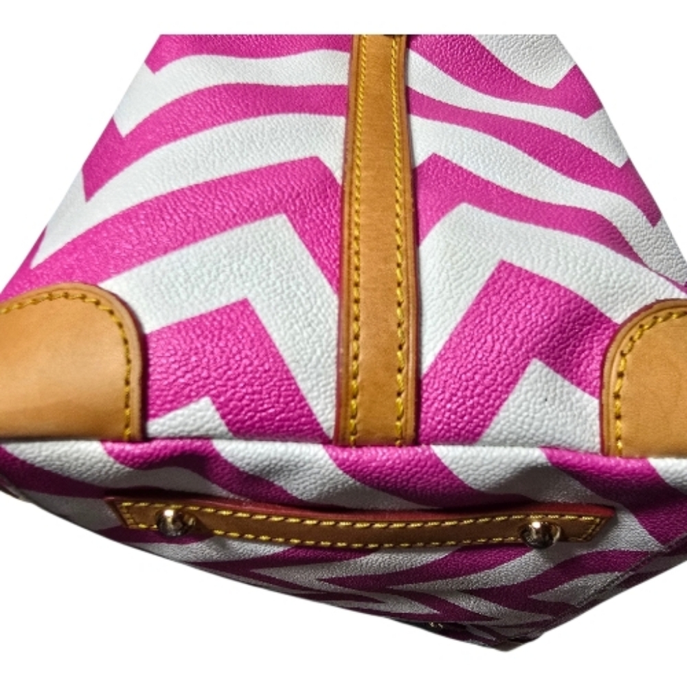 Dooney And Bourke Pink And White Chevron Satchel With Leather Trim - Picture 16 of 16